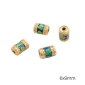 6x9mm Antikgold-Emaillenperlen mit blauen Blumenmustern für DIY-Schmuckherstellung - Tonnenperle (6x9mm) / 1 Stück / Blaugrün