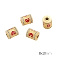 Goldene Filigranperle mit rotem Herz-Emaille und funkelnden Kristallen, 8x10 mm - Tonnenperle (8x10mm) / 1 Stück / Gold