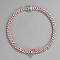Detailed top view of a 9mm Cuban link necklace with pink heart gemstone and pavé stones - 18inch