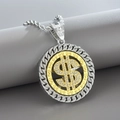 Rotating hip hop dollar sign pendant necklace with gold silver tones and sparkling crystals - Two-tone Gold Center (With 24inch Rope Chain)