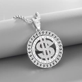 Rotating silver dollar sign hip hop pendant with sparkling diamonds and rope chain - Silver (With 24inch Rope Chain)