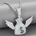Hip hop money bag winged pendant with green dollar sign and iced out rhinestones necklace - Pendant Only (Silver)