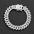 Men's 12mm silver iced out Cuban link bracelet with full rhinestones on black leather - Silver 8 inch