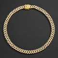 Macro view of 12mm golden iced-out Cuban chain necklace with dense rhinestone setting - Gold 18inch (45cm)