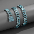 Detailed close-up of 11mm Cuban link chain with light blue rhinestones and box clasp - 16inch (40cm)