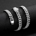 Iced out 9mm heart buckle Cuban link chain necklace with sparkling crystals for men - Silver Necklace (45cm)