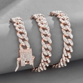 Collier gourmette cubaine 10mm or rose avec cristaux sertis et fermoir de sécurité carré - 45cm / Or rose