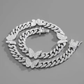 Silver cuban link necklace with iced out butterfly charms and sparkling rhinestones - Bracelet 20cm / Silver Butterfly Cuban Link - 142
