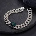 Bracciale cubano argento con diamanti e un pezzo centrale a cuore verde smeraldo - 20cm / Bracciale d'Argento