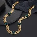 Men's gold-plated Cuban link necklace with iced-out crystals and green heart stones - 50cm / Gold Necklace