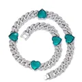 Mens hip hop silver cuban chain with white diamonds and green heart gemstones - 60CM / Silver Necklace