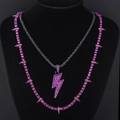 Set di collane hip hop a doppio strato con fulmine di cristallo rosa e spine nere - Ciondolo Singolo a Fulmine / Canna di Fucile Viola Scuro