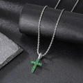 Macro detail of silver cross pendant with sparkling green zircons on a twisted rope chain - Silver Emerald Green Cross (Pendant Only)