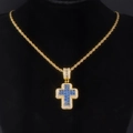 Golden rope chain necklace with a cross pendant featuring deep blue gems and micro diamonds - Gold Style / Blue Pendant Necklace