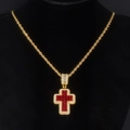 Detail of hip hop gold cross pendant with red and white zircons on rope chain - Gold Style / Red Pendant