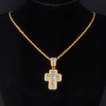 Detailed view of gold twist chain and cross pendant with iced out rhinestones on neck model - Gold Style / White Pendant