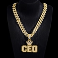 Goldene CEO-Krone Halskette mit glitzernden Kristallen und einer dicken Panzerkette - Gold Halskette