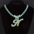 Iced out hip hop necklace featuring heart chain, blue diamond butterfly and letter H pendant - Gold Heart Necklace