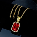 Macro shot of rectangular red gemstone pendant with white diamonds on gold rope chain - Red Pendant + Rope Chain (Gold)