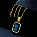 Close-up of hip hop gold rope chain with a large rectangular green gemstone pendant - Dark Green Pendant + Rope Chain (Gold)