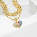 Hip hop heart pendant with gold twist and cuban chain set with blue and white rhinestones - Two Tone Broken Heart Gold Style 2