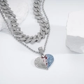 Detail of hip hop Cuban chain with iced-out broken heart pendant in blue and white stones - Two Tone Broken Heart Silver Style 2