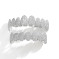 Hip hop style silver plated ice out zircon grills set for upper and lower teeth - Silver Jewelry Set