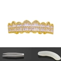 Hip hop grillz with pink baguette zircons, gold plating, including tweezers and fixing mold - Gold Top