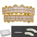 Gold-plated hip hop grillz set with rectangular zircon stones and accessory kit - Gold Set