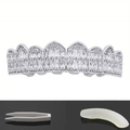 Icy silver hip hop grillz set with rectangular zircon stones, tweezers and silicone bar - Silver Upper Tooth