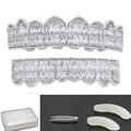 Silver-plated hip hop grillz set with rectangular zircon stones including tweezers and case - Silver Jewelry Set