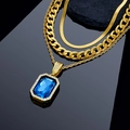 Three-layer golden hip hop necklace set with a rectangular blue gemstone pendant - Blue Pendant Jewelry Set (Gold)