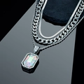 Three-layer silver necklace set with rectangle opal pendant and cuban chain for hip hop style - Rainbow Pendant Jewelry Set (Gold)