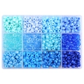 Kit de cuentas pony azules en caja de 12 compartimentos con acabados nacarados - 9x6mm, Agujero aprox. 4mm, 100 cuentas/rejilla, aprox. 1200 cuentas/caja / Serie Azul