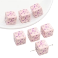 14 mm hellrosa Acryl-Würfelperlen mit lila Schleife und Blumen für DIY-Schmuckherstellung - Rosa Blumen-Schleife Quadratisch (2 Stück/Packung)