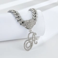 Collier maille cubaine argentée avec cœur serti de diamants et pendentif lettre A - Lettre A Argentée