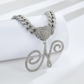 Collier chaîne cubaine argentée avec pendentif cœur et lettre H incrustée - Lettre N Argentée