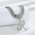 Collier maille cubaine glacée avec pendentif cœur et lettre R en argent - Lettre R Argentée