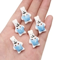 Set of 5 white ceramic bunny beads with blue overalls for DIY jewelry and crafts - Overalls Rabbit (#19)