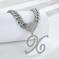 Chaîne cubaine argentée avec maillon en cœur et pendentif lettre H serti de strass - Lettre X Argentée
