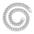 Collier chaîne cubaine argentée ornée de strass brillants et pendentif cœur - Chaîne Ronde 12mm Argent 50cm