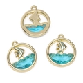 Golden ocean wave charm with blue faceted glass inlay for DIY jewelry and necklaces - Small Fish (Blue Glass) / 1 Piece/Pack (16x18mm) / Gold
