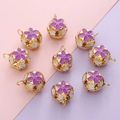 Set of 10 gold hollow flower charms with purple and white enamel for DIY jewelry - 18mm (Hole approx 4mm) / 5 Pieces / Purple