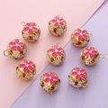 Set of 9 pink and white floral cloisonné enamel hollow bells with gold metal rings - 18mm (Hole approx 4mm) / 5 Pieces / Rose Red