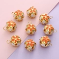 Set of 9 gold hollow cloisonne flower charms with orange enamel for DIY jewelry making - Orange