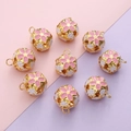 Pink and white enamel cherry blossom hollow sphere pendants with gold plating set - Pink