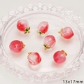Pink and red gradient glass peach charms with gold loops and green leaves for DIY jewelry - Green Leaf Peach Shape / 2 Pieces/Pack (Approx 13x17mm / Hole Approx 1mm) / Transparent Red