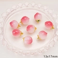 Pink gradient peach charms for jewelry making with green leaves and gold rings - Green Leaf Peach Shape / 2 Pieces/Pack (Approx 13x17mm / Hole Approx 1mm) / Pink