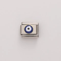 Italienisches Charm-Glied aus Edelstahl mit blauem Evil Eye Design für Armbänder - Goldrand Böser Blick (FBJ18-02) / 1 Stück (Länge ca. 1cm)