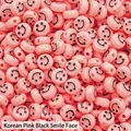 Flat round Korean pink acrylic beads with black smiley face for DIY jewelry making - Approx 10mm Diameter, 6mm Thickness, 2mm Hole, 50 Pcs/Pack / Korean Pink Black Smile